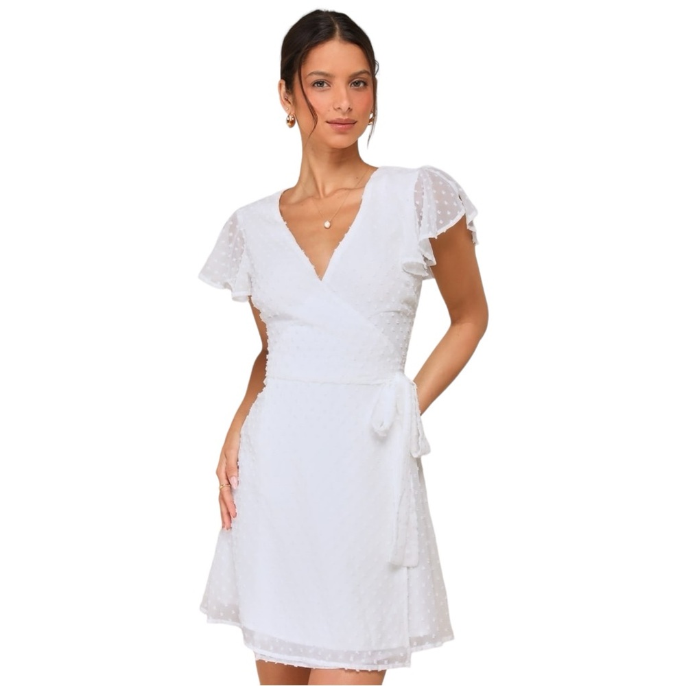 NWT Lulus Much to Celebrate White Swiss Dot Flutter Sleeve Wrap Mini Dress Sz S